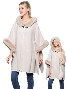 Faux Fur Trim Hooded Cape